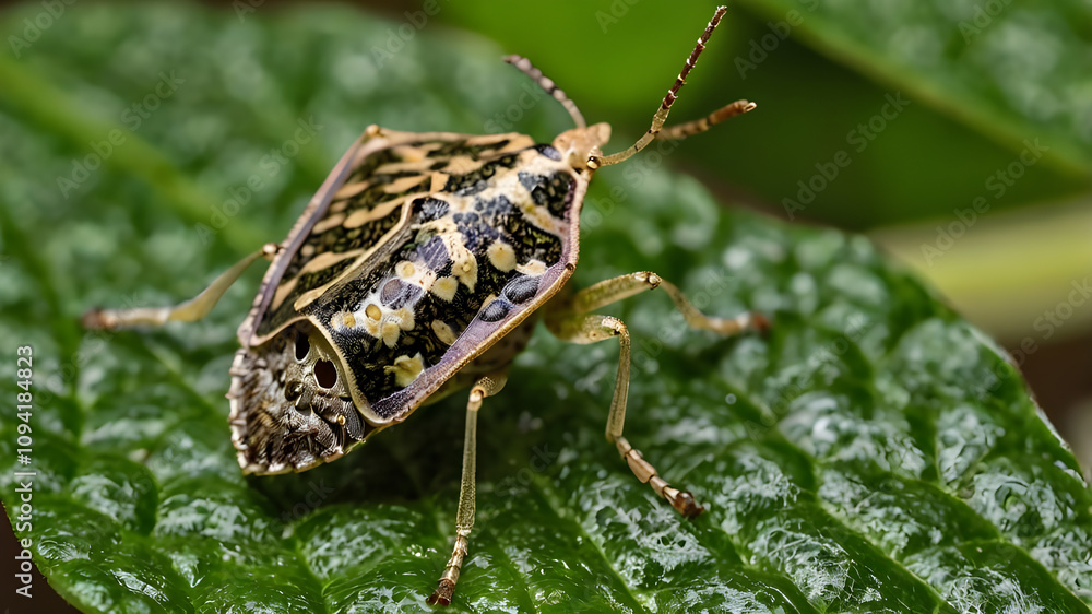 Naklejka premium A Marmorated Stink Bug (Halyomorpha halys) perched on a vibrant green leaf. Ai