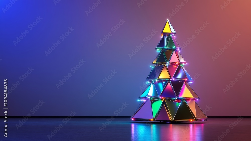 A creative, modern Christmas tree made of metallic geometric shapes and colorful LED lights against a minimalist room A creative, modern Christmas tree made of metallic geometric shapes and colorful LED lights against a minimalist room