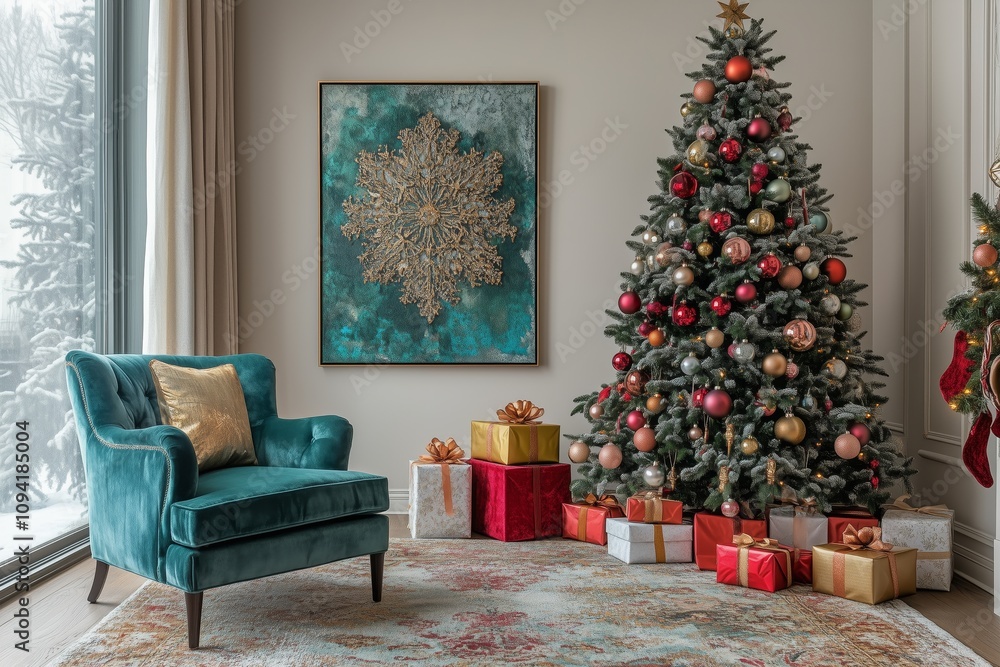 Christmas tree decorated with colourful ornaments stands in the corner of a cozy living room. reds, greens, gold, and pink accents Christmas tree decorated with colourful ornaments stands in the corner of a cozy living room. reds, greens, gold, and pink accents
