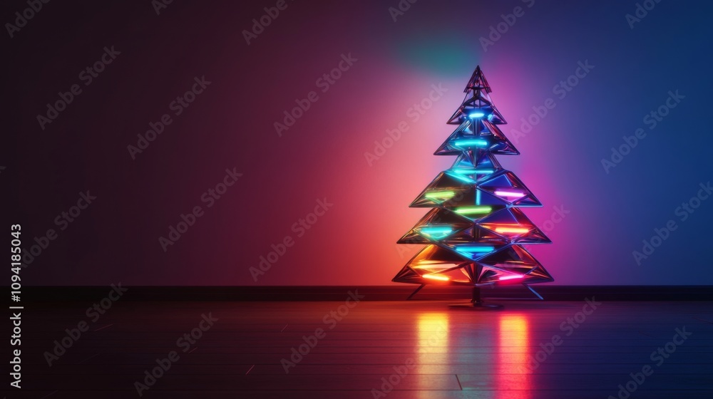 A creative, modern Christmas tree made of metallic geometric shapes and colorful LED lights against a minimalist room A creative, modern Christmas tree made of metallic geometric shapes and colorful LED lights against a minimalist room