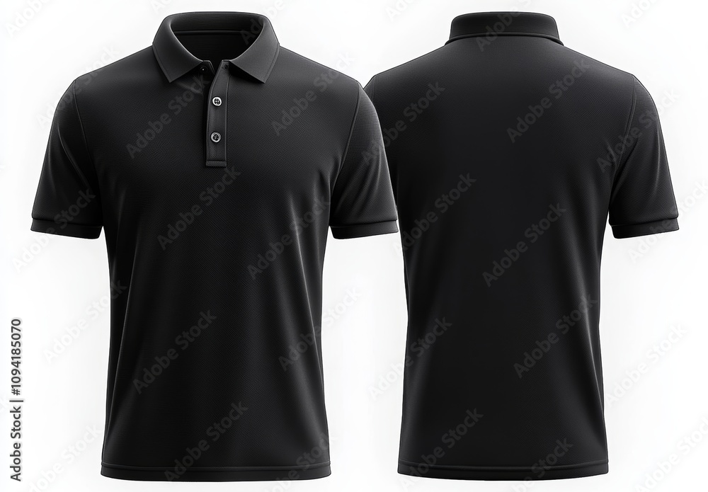 Black Short Sleeve Polo Shirt Front and Back View Classic Collar Smooth Fabric Black Short Sleeve Polo Shirt Front and Back View Classic Collar Smooth Fabric
