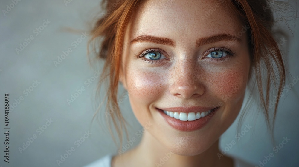 A woman with red hair and blue eyes is smiling A woman with red hair and blue eyes is smiling