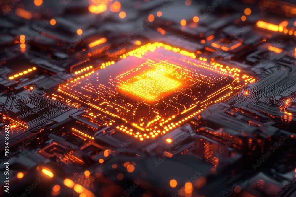 Abstract representation of a glowing microchip in a dark digital environment, showcasing intricate circuitry with bright orange and warm tones emphasizing technology and innovation. Abstract representation of a glowing microchip in a dark digital environment, showcasing intricate circuitry with bright orange and warm tones emphasizing technology and innovation.