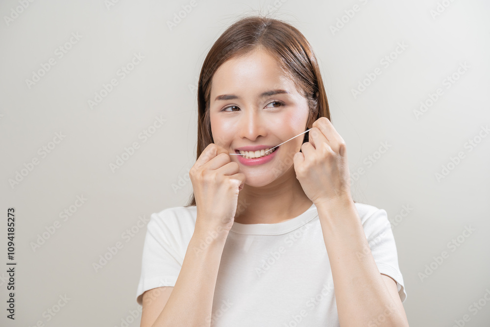 Flossing teeth, dental care hygiene concept, asian young woman flossing teeth with dental floss, smile happy with perfect white teeth, using tooth floss cleaning, healthy teeth isolated on background. Flossing teeth, dental care hygiene concept, asian young woman flossing teeth with dental floss, smile happy with perfect white teeth, using tooth floss cleaning, healthy teeth isolated on background.