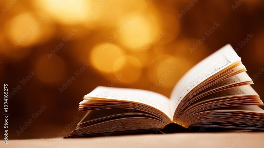 An open book with blurred golden background. An open book with blurred golden background.
