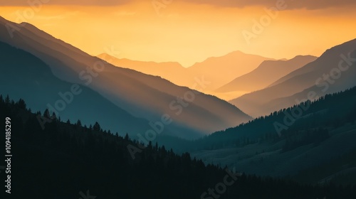 A peaceful mountain landscape during golden hour, with the sun casting a warm glow over the peaks and valleys.