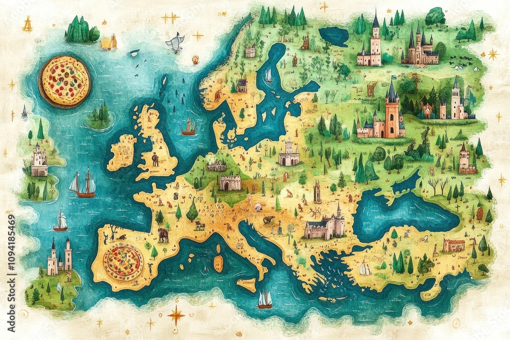 Fototapeta premium Whimsical Watercolor Map of Europe Featuring Castles and Pizzas