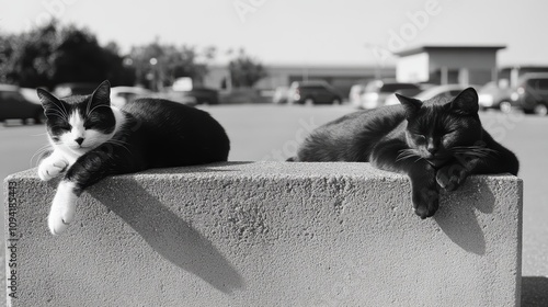 Two Rescued Cats Relaxing on a Concrete Barrier in a Sunlit Urban Setting, Showcasing Their Unique Personalities and Peaceful Cooperation photo