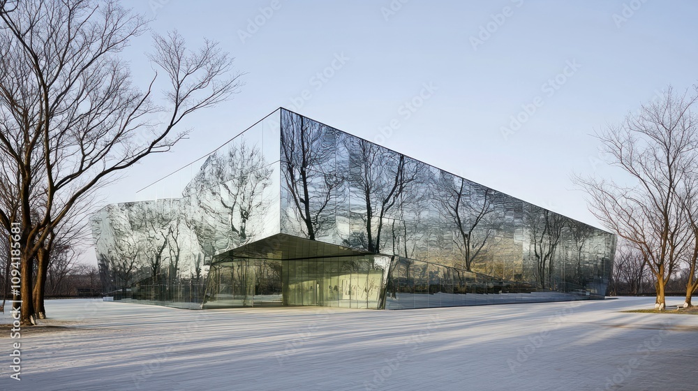 A modern glass building reflecting surrounding trees in a serene landscape. A modern glass building reflecting surrounding trees in a serene landscape.