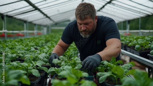 A man diligently tends to rows of plants in a large greenhouse, embodying dedication and a connection to the earth.