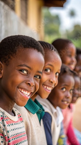 Joyful group of smiling children outdoors in a sunny day