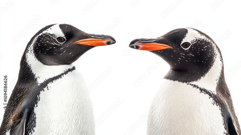 Obraz premium Two Adorable Gentoo Penguins Facing Each Other with Charming Expressions Against a Clean White Background for Nature and Wildlife Photography