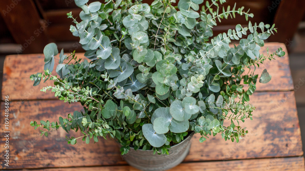 serene arrangement of delicate eucalyptus leaves in soft green tones, beautifully displayed in rustic pot on wooden table, creating calming atmosphere serene arrangement of delicate eucalyptus leaves in soft green tones, beautifully displayed in rustic pot on wooden table, creating calming atmosphere