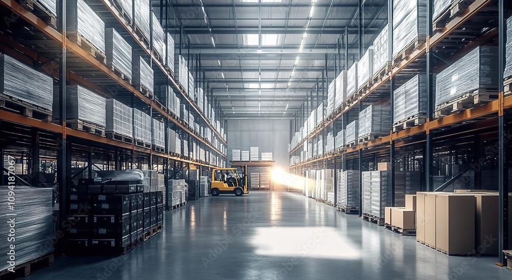 A wide-angle view of an industrial warehouse with high shelves filled with boxes and pallets A wide-angle view of an industrial warehouse with high shelves filled with boxes and pallets