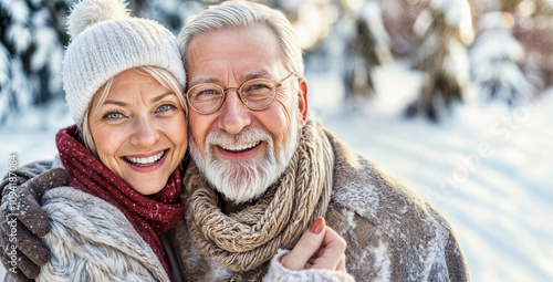 Winter couple, senior people in snow. Old happy woman and man outside. American elderly family. Mature couple hug. Holiday Christmas vacation banner. Snow grandparents walk outdoors. Senior people bg