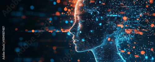 AI driven financial advisory services platform showcasing digital human silhouette with glowing data points, representing innovation and technology in finance
