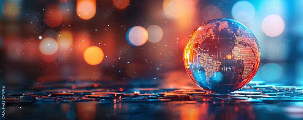 vibrant globe representing global finance and innovation, surrounded by coins and colorful bokeh lights, symbolizes interconnectedness of world vibrant globe representing global finance and innovation, surrounded by coins and colorful bokeh lights, symbolizes interconnectedness of world