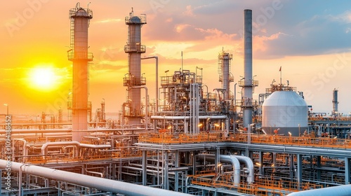 Wallpaper Mural Fueling the Future: Oil, Fossil, and Energy Stocks. A vibrant industrial landscape at sunset featuring oil refinery structures and pipes, bathed in warm golden light. Torontodigital.ca