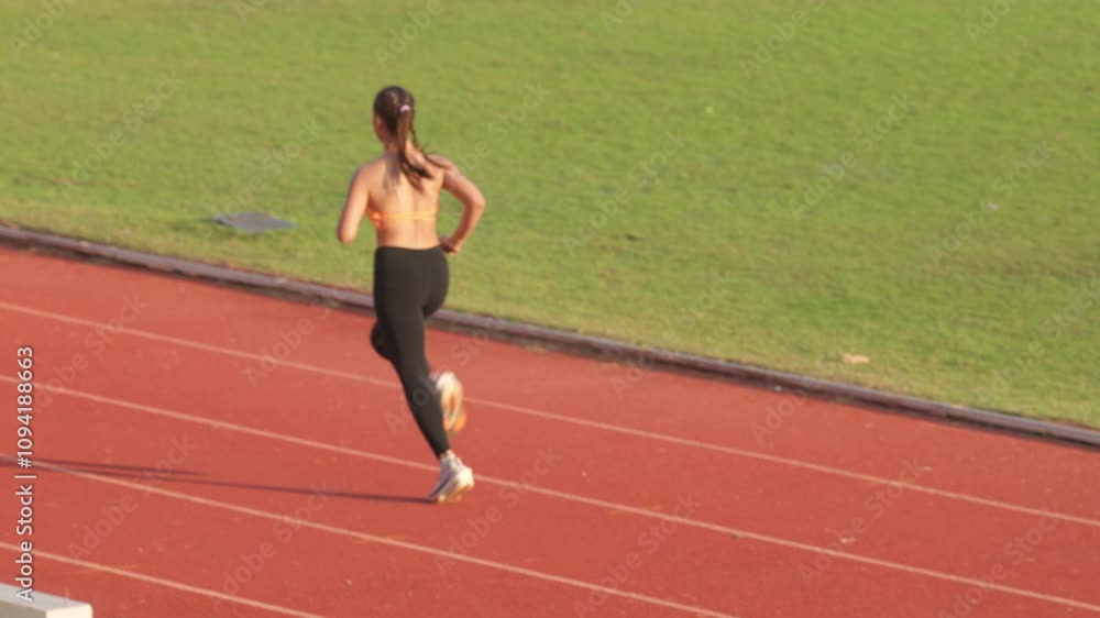 A woman runs on a track with her back to the camera. Concept of determination and focus as the woman pushes herself to run faster A woman runs on a track with her back to the camera. Concept of determination and focus as the woman pushes herself to run faster