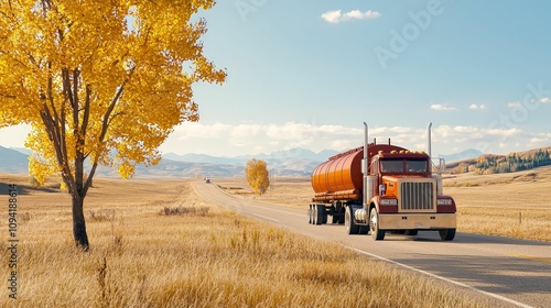 Fueling the Future: Oil, Fossil, and Energy Stocks. A vibrant autumn scene featuring a large truck on a rural road, surrounded by golden trees and mountains in the background under a clear blue sky.
