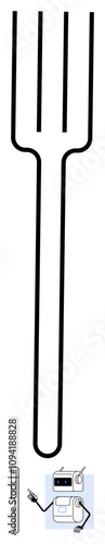 Large fork with long handle dominates. Below a small stick figure holds a tool next to a thermometer. Ideal for cooking, measurement, kitchen, utensil, precision, simple, whimsical themes. Line