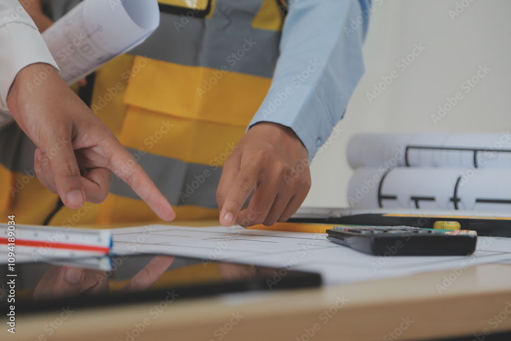Construction and structure concept of Engineer or architect meeting for project working with partner and engineering tools on model building and blueprint in working site, contract for both companies. Construction and structure concept of Engineer or architect meeting for project working with partner and engineering tools on model building and blueprint in working site, contract for both companies.