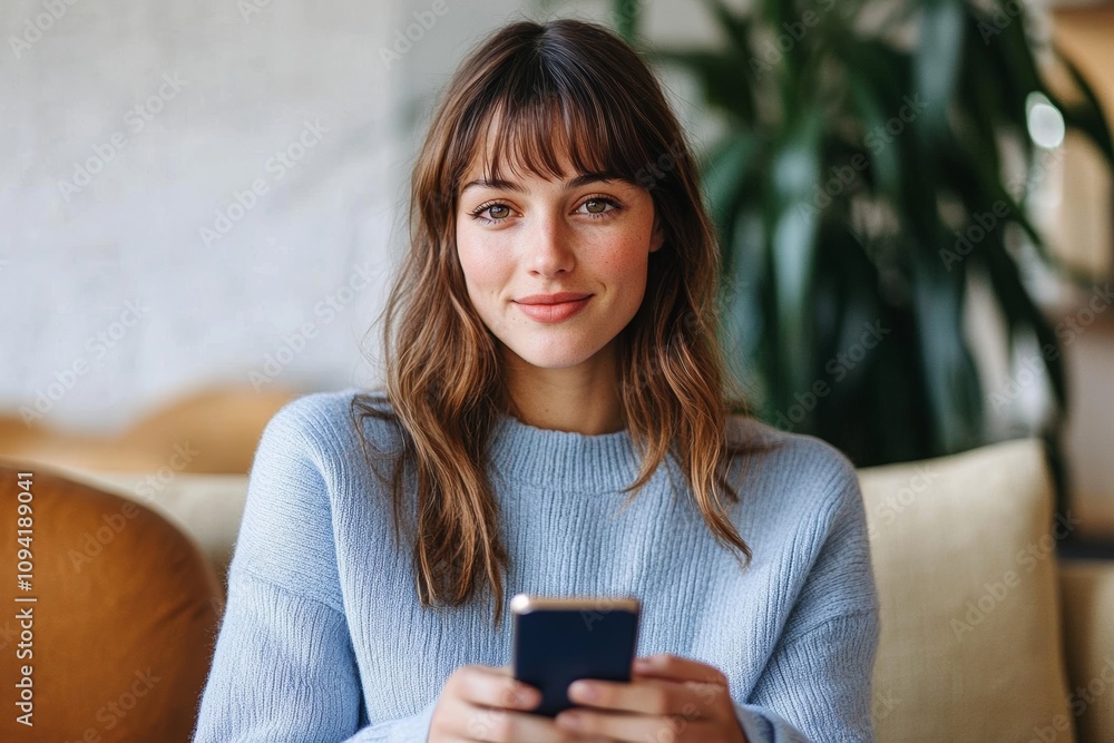 Young woman using smartphone in cozy indoor setting with light blue sweater and calm expression Young woman using smartphone in cozy indoor setting with light blue sweater and calm expression