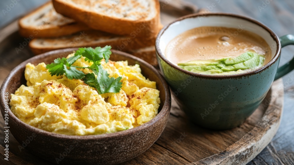 breakfast spread with coffee, scrambled eggs, avocado, and toast on a rustic wooden tablе breakfast spread with coffee, scrambled eggs, avocado, and toast on a rustic wooden tablе