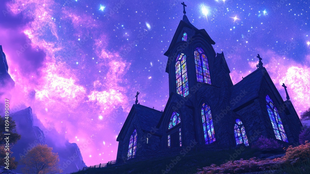 A mystical church silhouette against a vibrant cosmic sky filled with stars and colors. A mystical church silhouette against a vibrant cosmic sky filled with stars and colors.