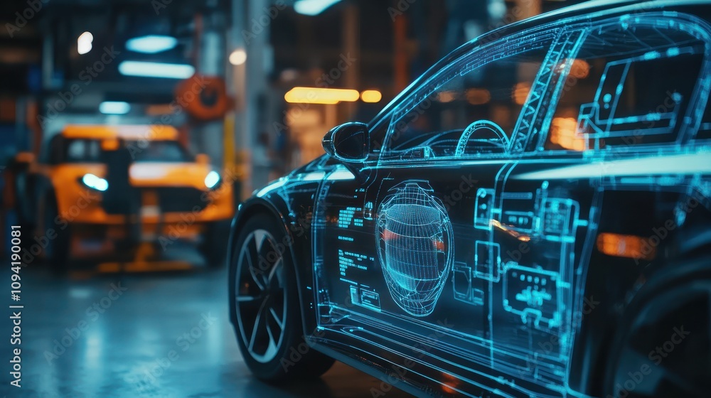 A futuristic car design with a holographic display in a workshop setting. A futuristic car design with a holographic display in a workshop setting.