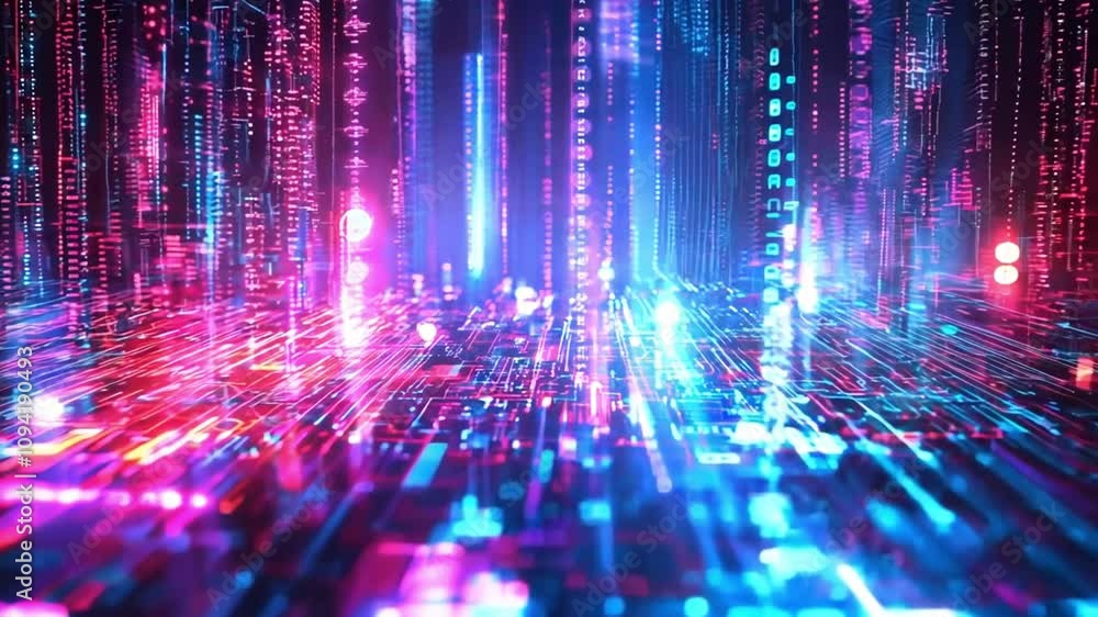 Abstract digital city with neon lights and glowing lines Abstract digital city with neon lights and glowing lines