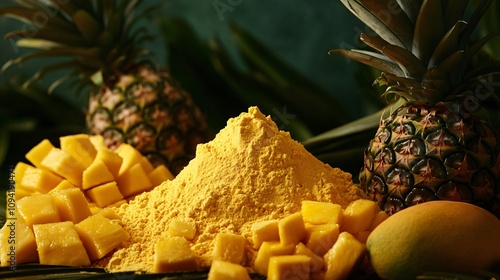 Vibrant Tropical Scene Featuring Whole Pineapples, Fresh Mango Cubes, and Bright Yellow Mango Powder on Green Leafy Surface for Culinary and Healthy Living Concepts photo