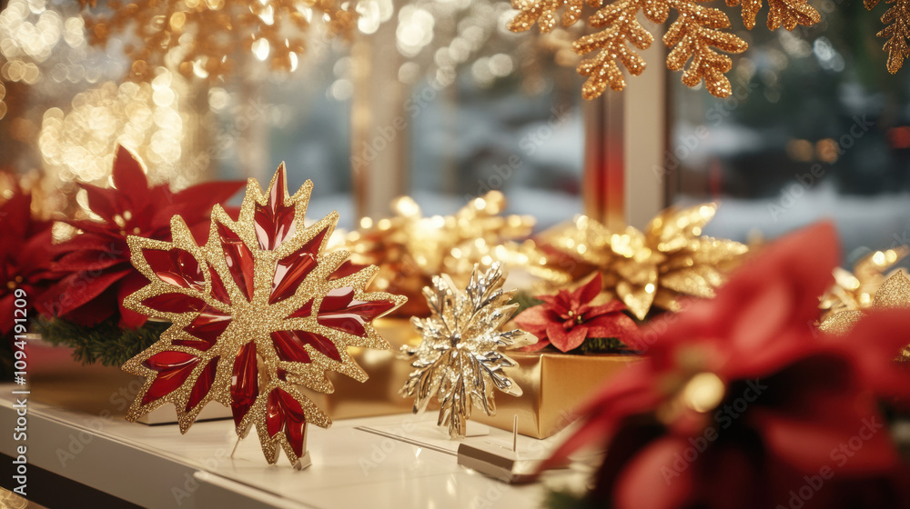 Sophisticated holiday display with red and gold snowflakes and flowers Sophisticated holiday display with red and gold snowflakes and flowers