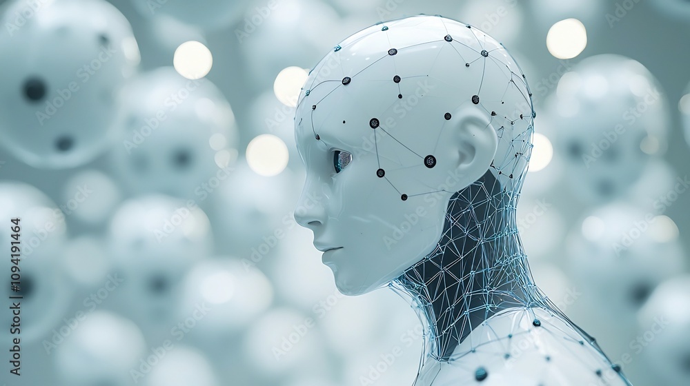 Neural Network Significant Automation, Futuristic Digital Portrait with Selective Focus and 3D Neural Network Significant Automation, Futuristic Digital Portrait with Selective Focus and 3D