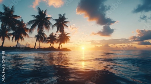tropical island with palm trees and a breathtaking sunset, calm ocean waves, tranquil paradise feel