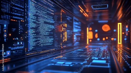 Neural Network Significant Automation, Futuristic Digital Code Environment with Neon Lights and Dark Background