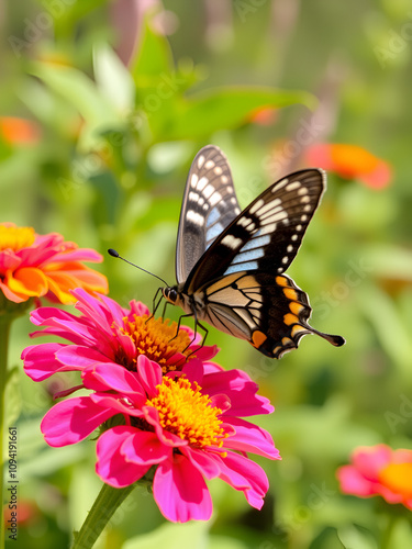 Butterfly sipping nectar from vivid flowers