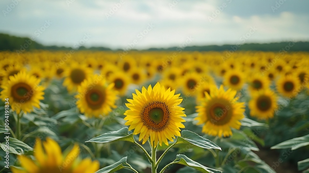 Fototapeta premium Expansive Sunflower Field in Serene Countryside Landscape