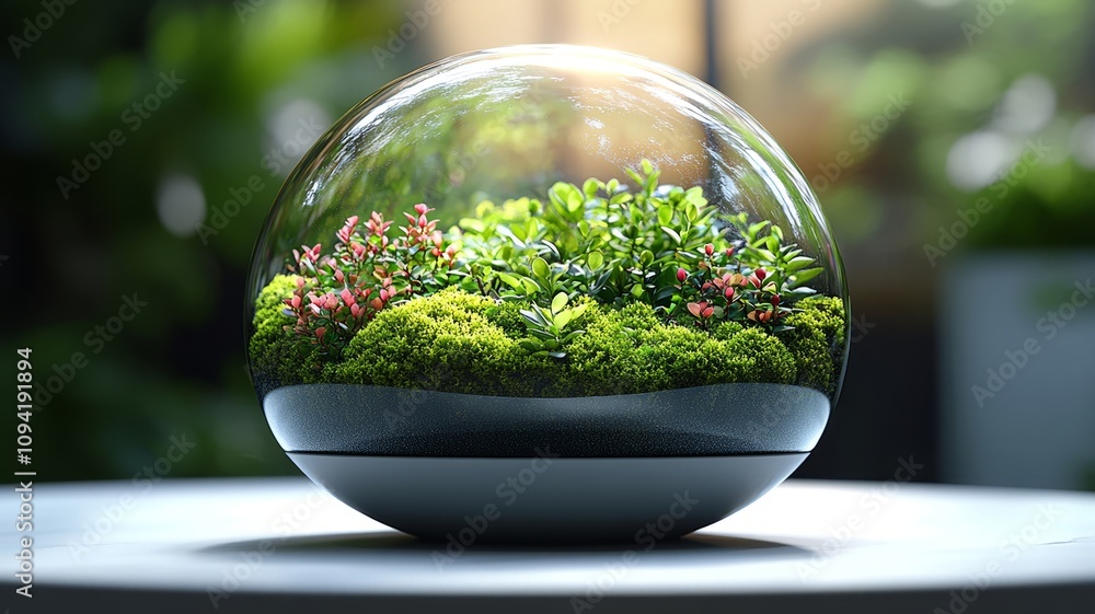 Terrarium with green plants and moss in glass sphere Terrarium with green plants and moss in glass sphere