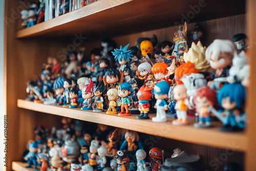 Collection of vibrant anime figures displayed on wooden shelves photo