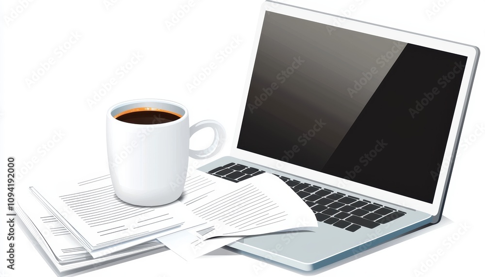 A laptop, a cup of coffee, and scattered papers create a cozy workspace atmosphere, ideal for productivity and focus. A laptop, a cup of coffee, and scattered papers create a cozy workspace atmosphere, ideal for productivity and focus.