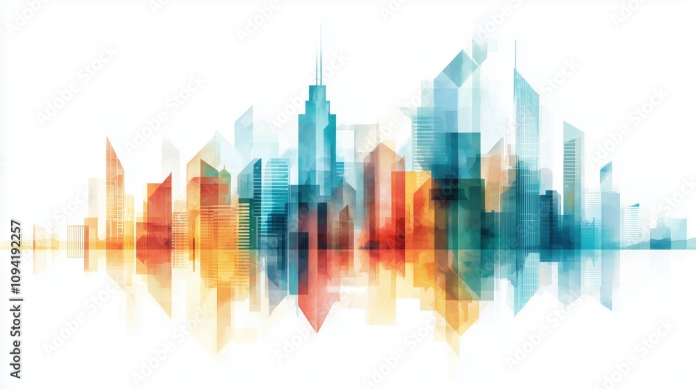 Obraz premium Vibrant Teal-Coral Skyline: Geometric Cityscape from Balcony View