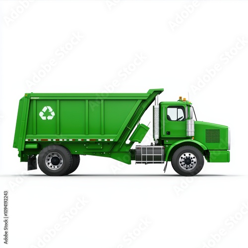 A green toy garbage truck designed for recycling, showcasing a playful and eco-friendly theme.