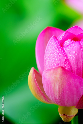 Oriental beauty: Close-up photo of lotus flower with dew drop on petals in sunlight