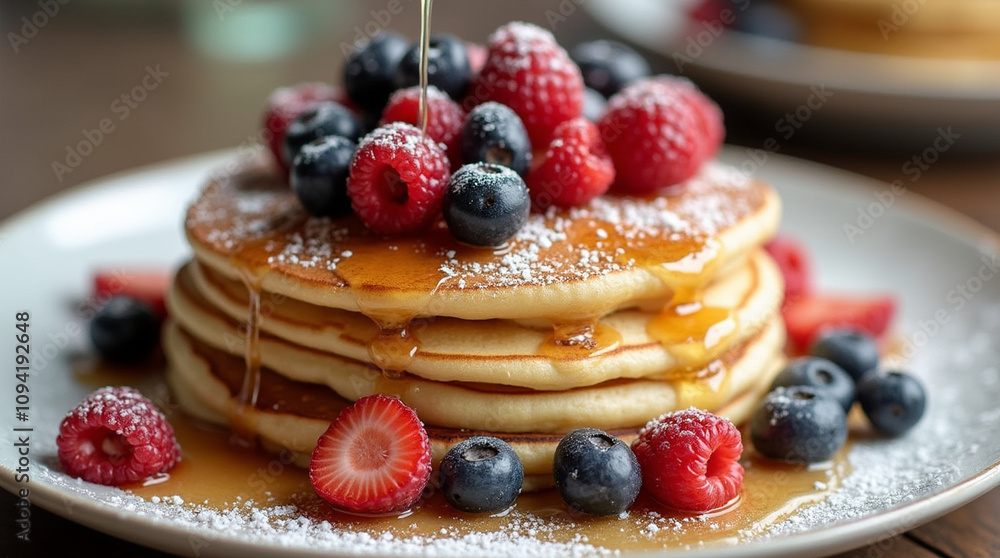 Fluffy pancakes stacked high, golden brown with a light, airy texture. Topped with fresh berries, maple syrup, and powdered sugar, served with whipped cream. Fluffy pancakes stacked high, golden brown with a light, airy texture. Topped with fresh berries, maple syrup, and powdered sugar, served with whipped cream.