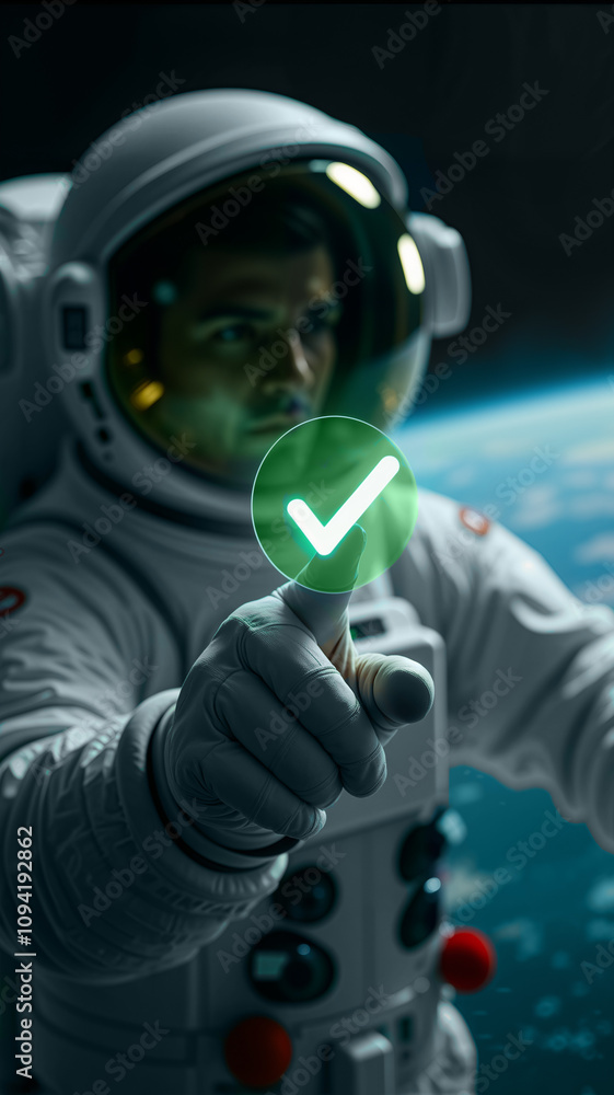 An astronaut in space pressing a green An astronaut in space pressing a green