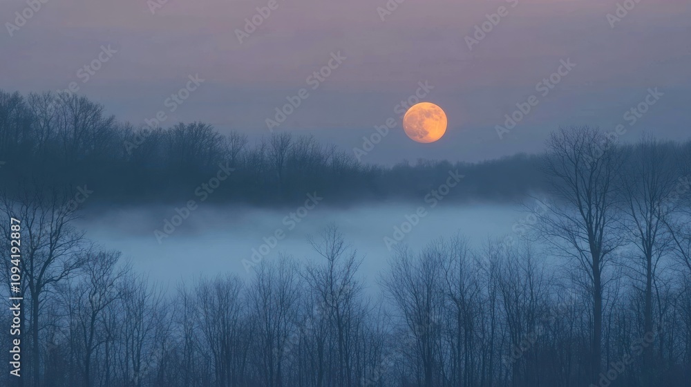 A serene landscape featuring a full moon rising over foggy trees at dusk. A serene landscape featuring a full moon rising over foggy trees at dusk.