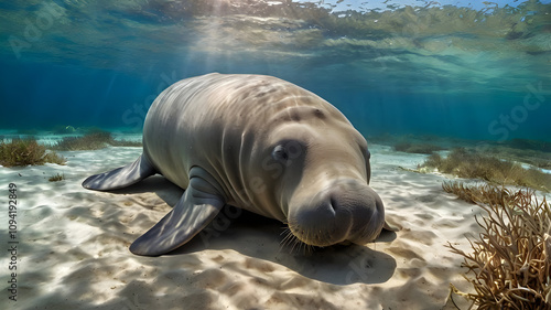  A Dugong (Dugong dugon), also known as a sea cow, peacefully resting on the sandy seabed ai