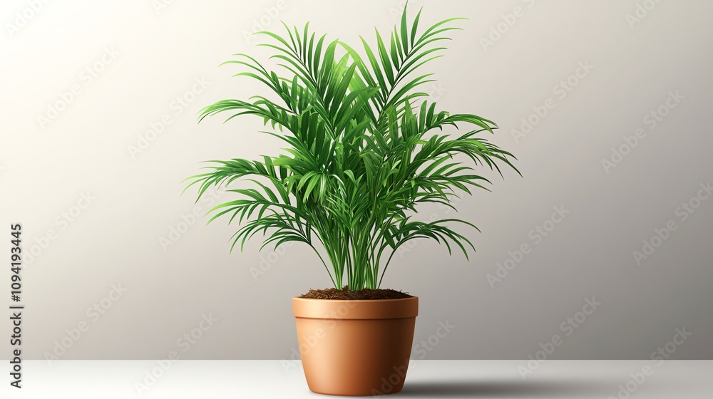 Obraz premium A potted palm tree with lush green leaves in a terracotta pot against a white wall.