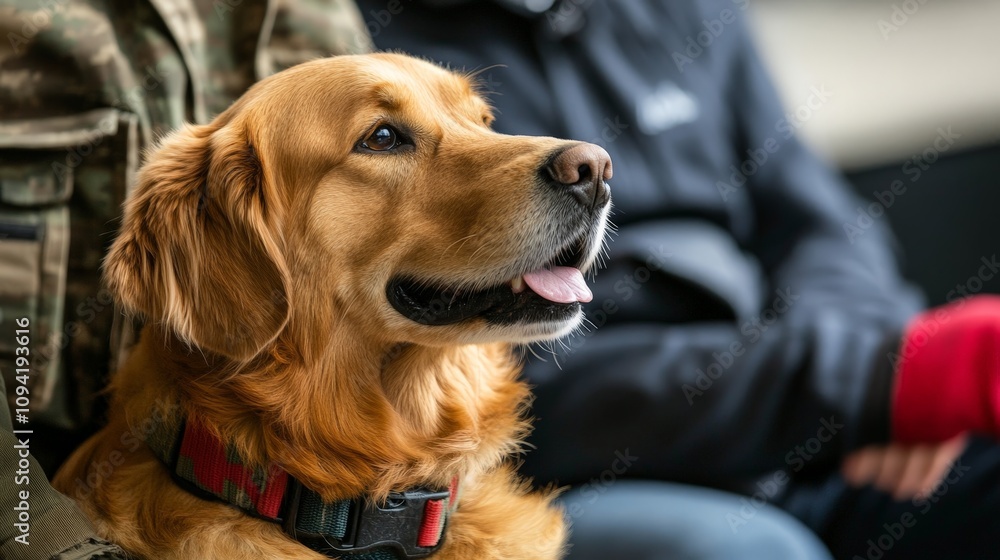 A PTSD service dog sitting calmly beside a veteran during a therapy session, providing emotional support. A PTSD service dog sitting calmly beside a veteran during a therapy session, providing emotional support.